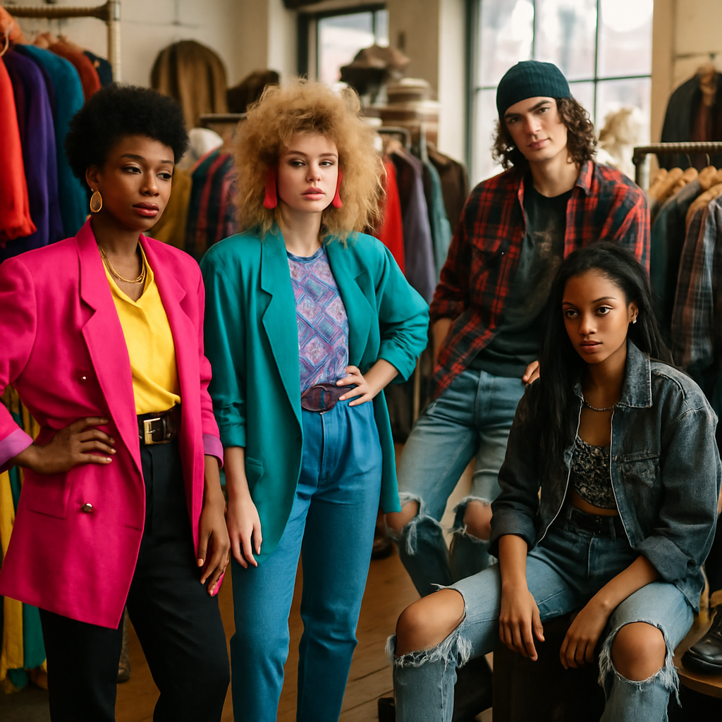 Vintage '80s and '90s fashion items including oversized blazers and flannel shirts